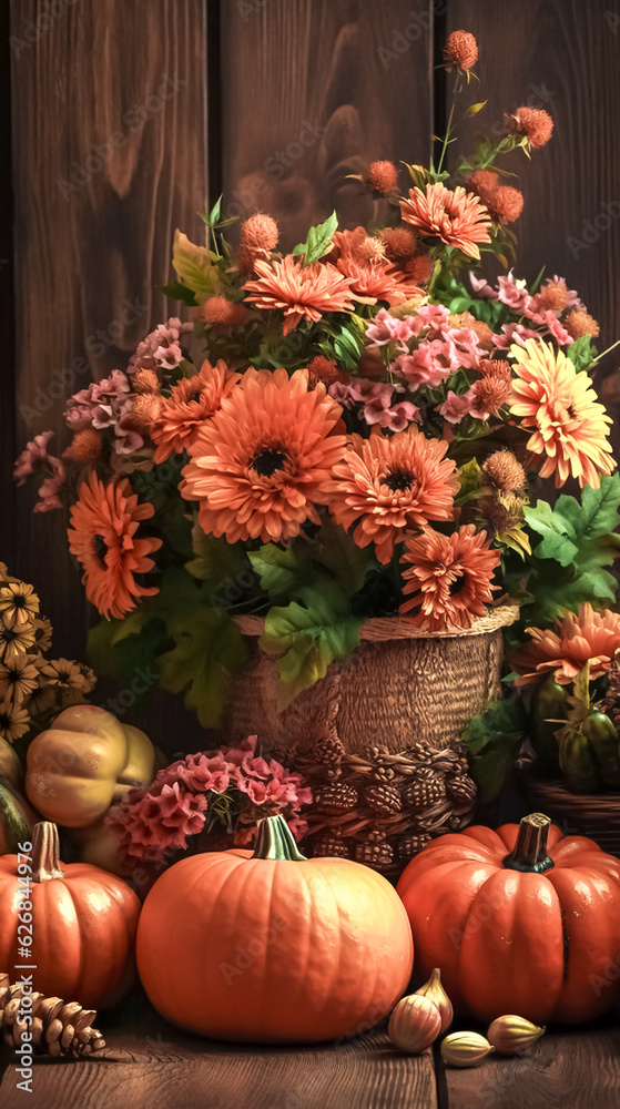 custom made wallpaper toronto digitalAutumn still life with pumpkins and flowers, generative AI.