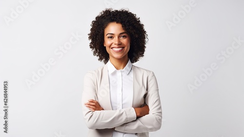 businesswoman standing with arms crossed on a white background and looking at the camera. photo