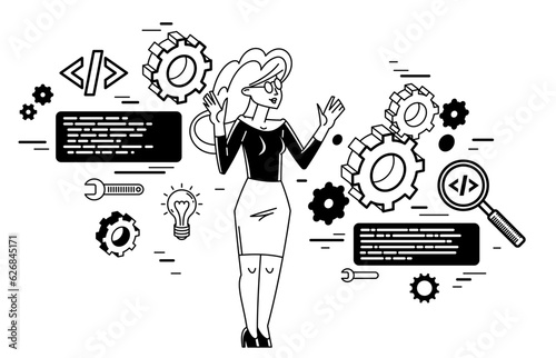 Mechanic engineer working on a draft plan vector illustration, inventor or repair job, engineering machine industry, system technician.
