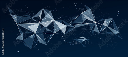 Low poly particles abstract vector background, polygonal fractal design, 3D dimensional element with connected lines, mesh object technology and science theme.