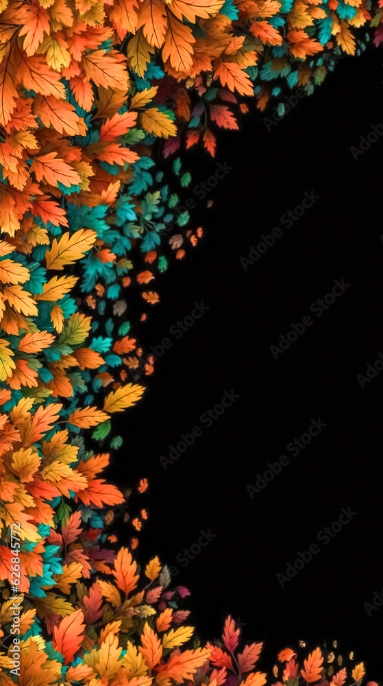 Bright autumn leaves on a black background, generative AI.