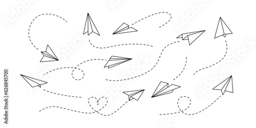 Vector paper airplane. Outline flying planes with dotted track direction. Travel or message symbol. Black linear paper plane icon