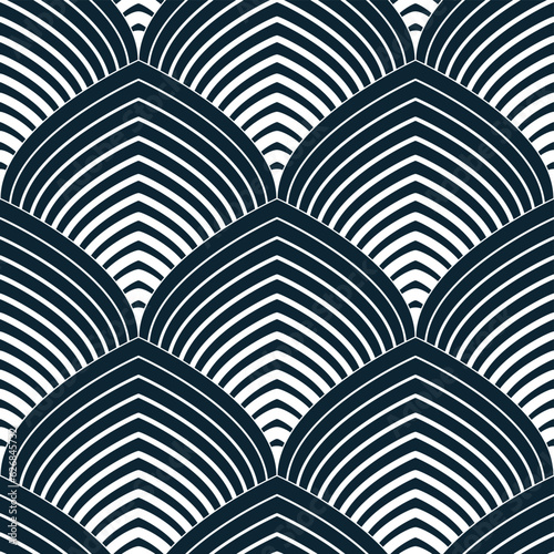 Abstract lines geometric seamless pattern, vector repeat endless fabric background. Roof tiling or fish squama shapes motif. Single color, black and white. 