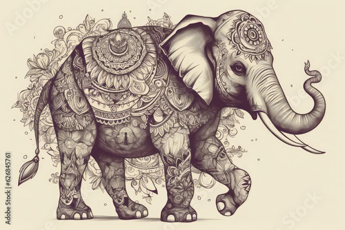 Decorated Indian elephant. Beautiful Elephant in tattoos and drawings  generative AI  