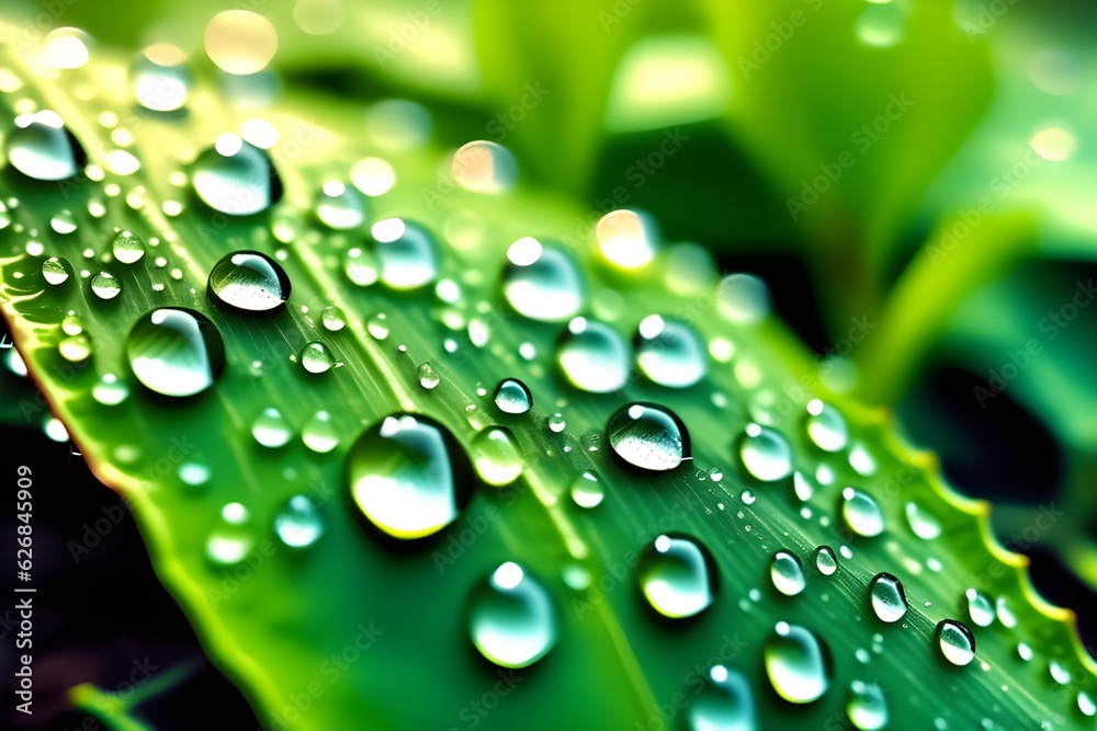 Nature's Elegance: Closeup Macro of Raindrops on a Bright Green Leaf. Generative AI Nature's Elegance: Closeup Macro of Raindrops on a Bright Green Leaf. Generative AI