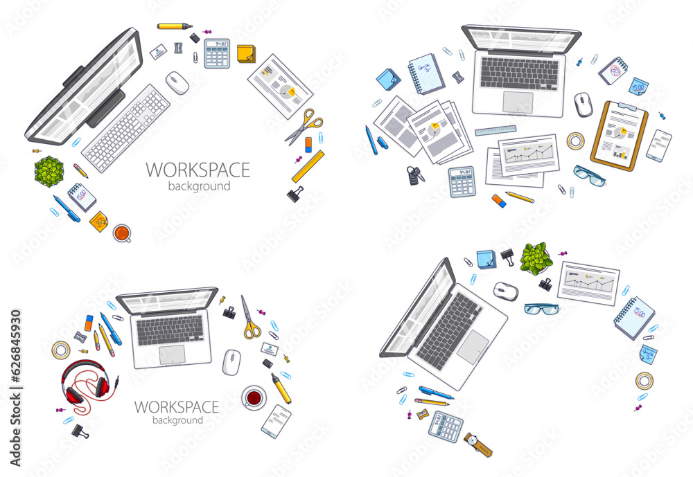 Work desks workspaces top view with PC or laptops and a lot of different stationery objects and analytics documents on tables, look above. All elements are easy to use separately. Vector set.