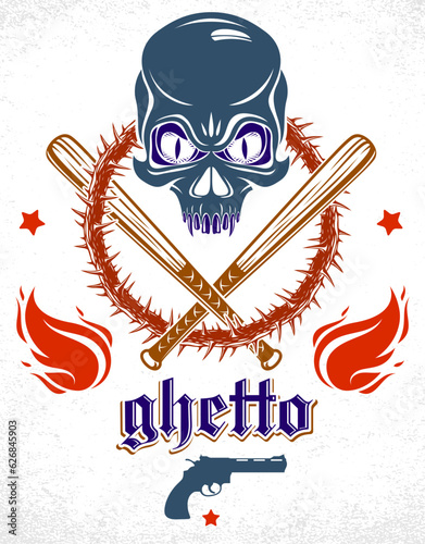 Gangster emblem logo or tattoo with aggressive skull baseball bats and other weapons and design elements, vector, criminal ghetto vintage style, gangster anarchy or mafia theme.