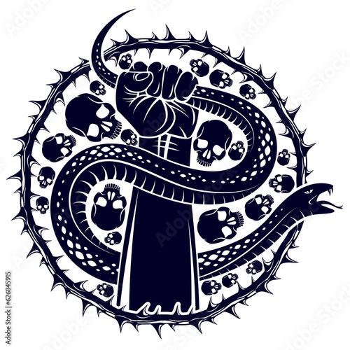 Hand squeezes a snake, fight against evil, control your dark side, internal conflict, archetype shadow, life is a fight concept, vintage vector logo or tattoo.