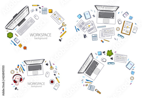 Work desks workspaces top view with PC or laptops and a lot of different stationery objects and analytics documents on tables, look above. All elements are easy to use separately. Vector set.