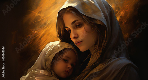 Portrait of Virgin Mary with baby Jesus in the style of in fantasy style illustration (ID: 626845956)