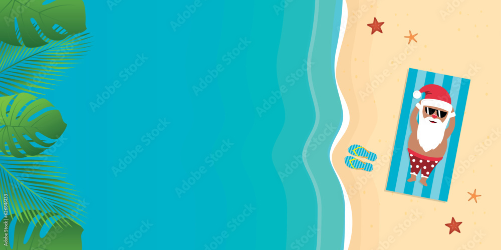Naklejka premium cute santa claus lying on the beach under a palm tree vector illustration EPS10