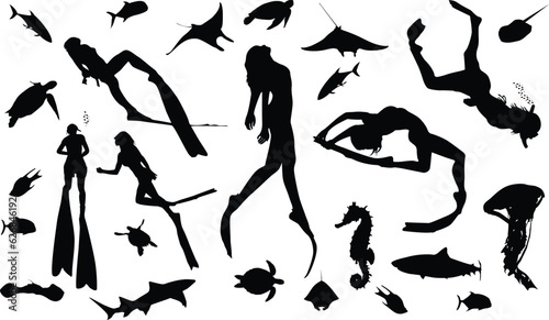 Scuba diving silhouette vector illustration isolated on white background. Sport underwater, lake, sea, glove and flashlight, mask, and snorkel. Diving school, Scuba school. Beach fun, fishing, swimmin