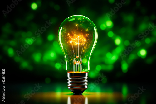 Light bulb with green electric light.Concept of energy saving.