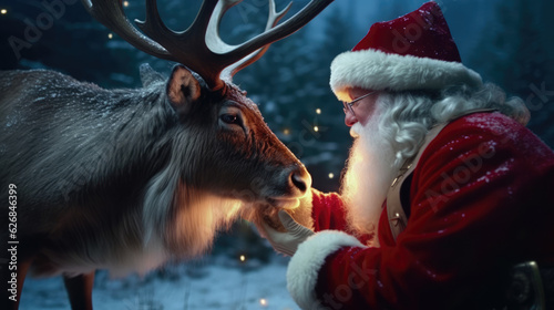 Santa Claus Showing Affection to Rudolph the Reindeer. Snow winter background. Christmas Season Joy Concept AI Generative