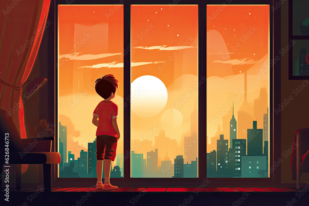 child looks out the window with city view illustration Generatie AI child looks out the window with city view illustration Generatie AI