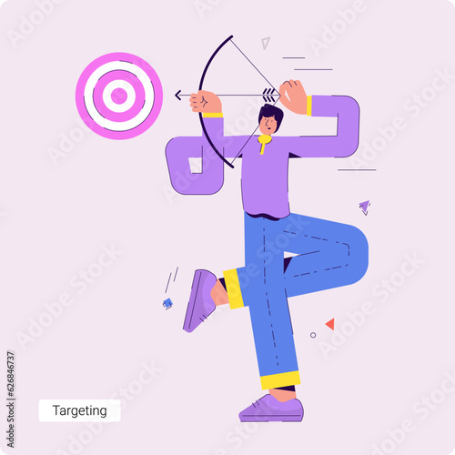 Set of conceptual vector business illustrations of a successful businessman who holds a bow in his hands and aims at a target.
