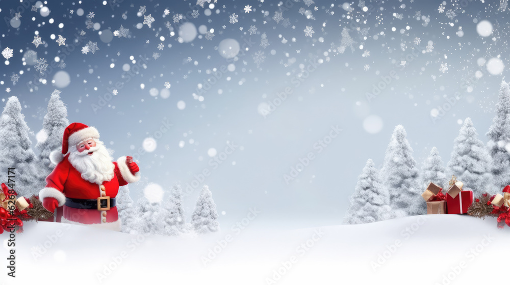 Santa's Winter Banner: An enchanting winter banner with Santa Claus, snowflakes, and gifts, offering blank space for your text or design. AI Generative Santa's Winter Banner: An enchanting winter banner with Santa Claus, snowflakes, and gifts, offering blank space for your text or design. AI Generative