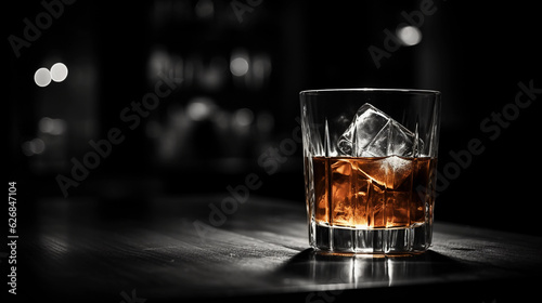 Stampa su tela Cinematically lit old - fashioned cocktail, garnished with orange peel on a dark