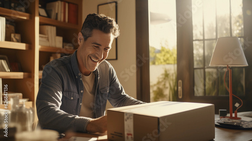 a man unboxing a package received from an e - commerce platform, surprise and joy on his face, living room setting, casual, warm and cozy, natural light from a nearby window © Marco Attano