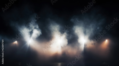 Stage light with colored spotlights and smoke. Concert and theatre dark scene AI