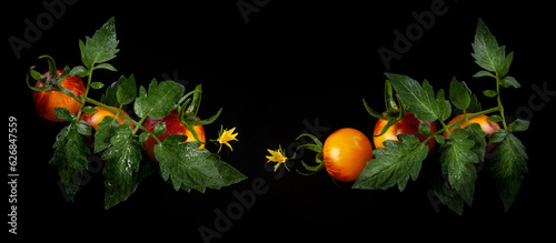 Set of yellow-red striped tomatoes on black background