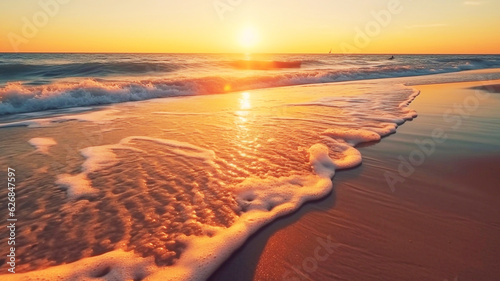 Closeup sea sand beach. Panoramic beach landscape. Tropical beach seascape horizon. Orange and golden sunset sky calmness tranquil relaxing sunlight summer mood. 
