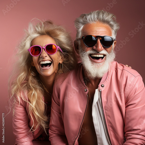 Very funny and happy mature couple with pink partner look laughing and having fun. Generative ai