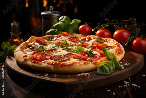 Savoring Tradition: A Typical Italian Pizza with Fresh Basil and Ripe Tomatoes 