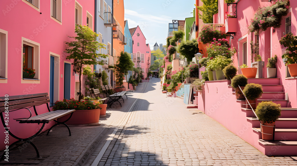 Rosafarbene Blockhäuser mit Flanzen
 Generative Ai