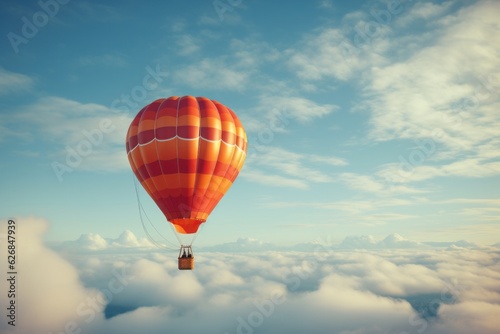 Hot air balloon heading towards the clouds in the sky.