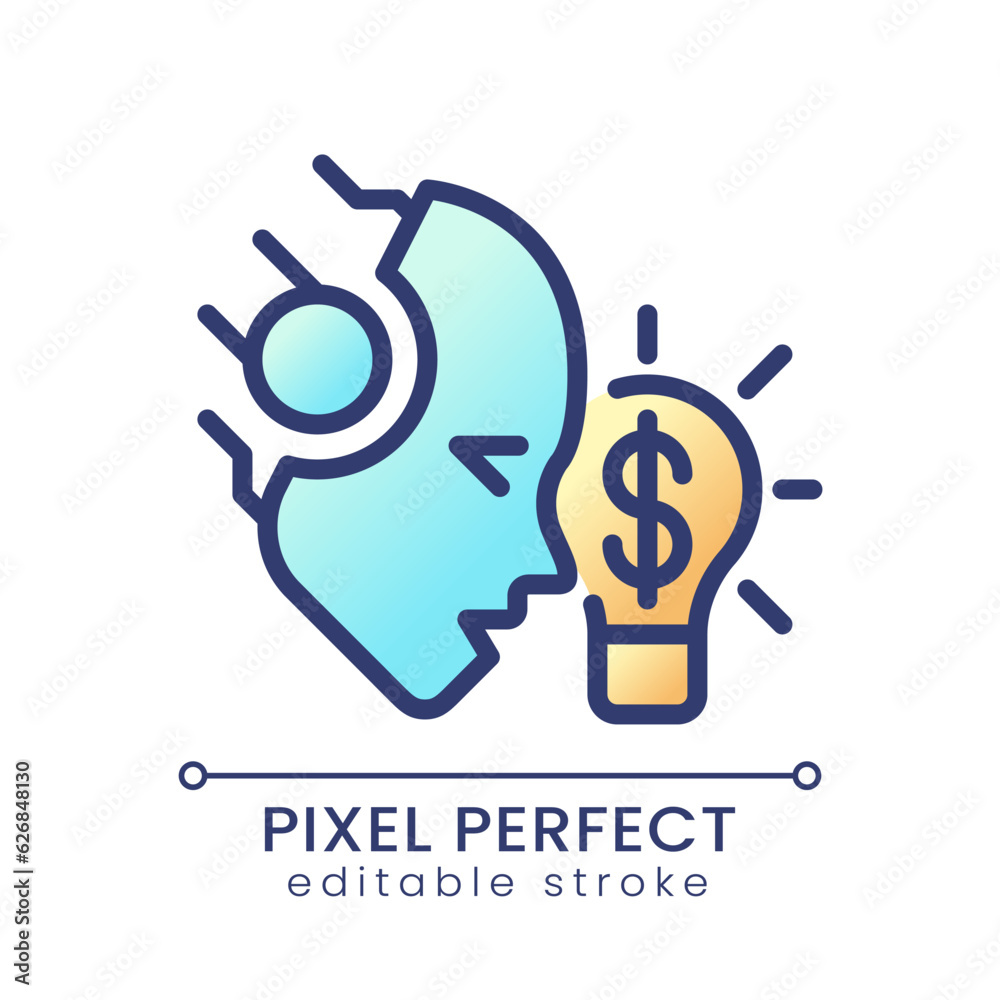 AI makes money pixel perfect color gradient icon. Machine learning in financial process. Algorithmic trading. Earn revenue. Isolated RGB vector image. Filled line illustration. Editable stroke AI makes money pixel perfect color gradient icon. Machine learning in financial process. Algorithmic trading. Earn revenue. Isolated RGB vector image. Filled line illustration. Editable stroke