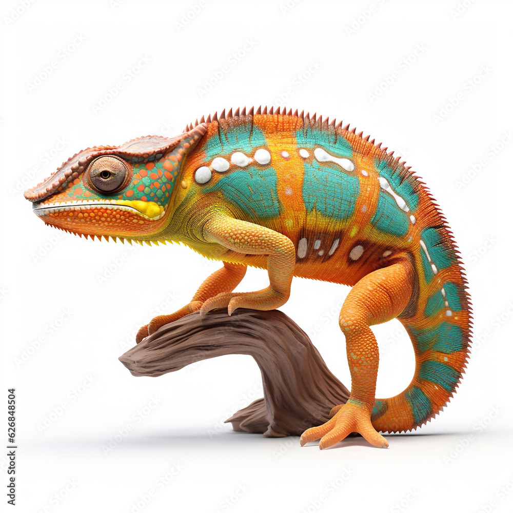 Obraz premium Beautiful big wild chameleon looking forward is shown in full length, Ai generated
