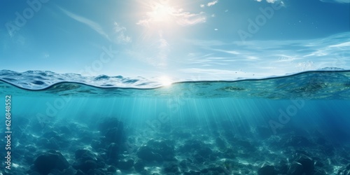 Serene underwater world with sun-kissed ocean surface  Generative AI