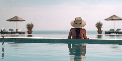 Outdoor poolside relaxation. Beautiful happy woman in white hat. Lifestyle of luxury by swimming pool. holiday at luxurious hotel © Thares2020