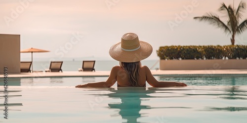 Outdoor poolside relaxation. Beautiful happy woman in white hat. Lifestyle of luxury by swimming pool. holiday at luxurious hotel