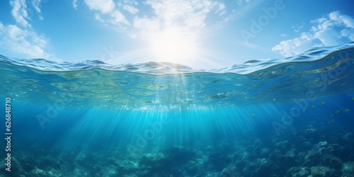 Serene underwater world with sun-kissed ocean surface, Generative AI