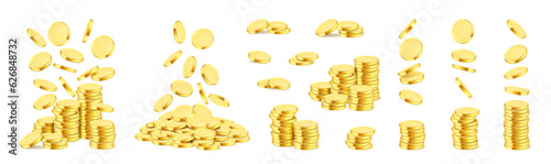 Gold coins, empty yellow money pile, realistic money currency in stack, gold treasure cash. Vector benefit in business and fortune savings, capital growth and income, savings and deposits