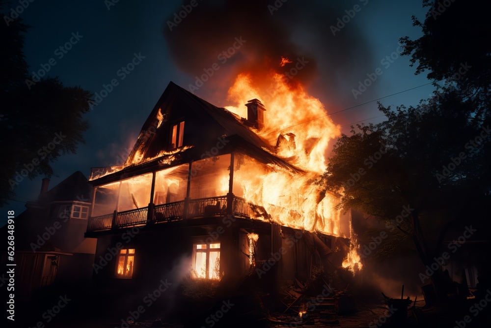 Wooden house or barn burning on fire at night Generative AI