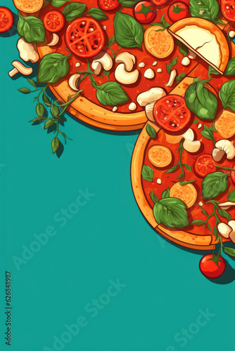 Pizza illustration vertical with copy space. Expertly Arranged Ingredients on colourfull Background. Perfect for Promotional Materials and More