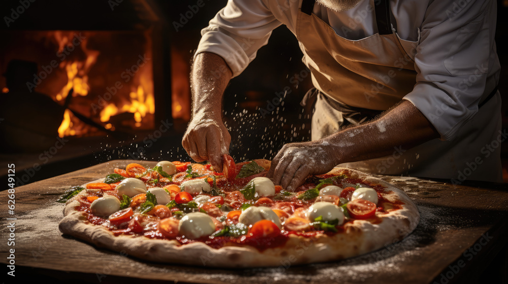Taste of Italy. A pizzaiolo Chef from Naples Showcasing a Delicious Piping Hot Pizza. Copy Space. Neapolitan Gastronomy AI Generative	