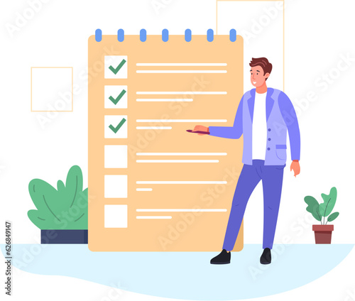 Done conclusions. Businessman holding pencil and do checkmark on whiteboard survey questionnaire progress or project completion, finish work task goal concept vector illustration