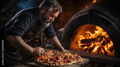 Taste of Italy. A pizzaiolo Chef from Naples Showcasing a Delicious Piping Hot Pizza. Copy Space. Neapolitan Gastronomy AI Generative  © Mr. Bolota