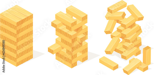 Jenga game. Tower balance concept, balanced towers construction from wooden block stack, puzzle games dangerous risk choice of wood bricks for success win, neat vector illustration photo