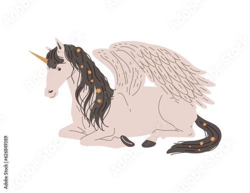 Vector isolated illustration of white horse with wings, mythological creature Pegasus, hand drawn fantastic horse