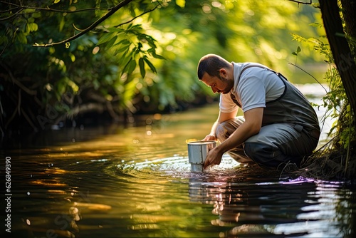 Biologist Conducting Water Quality Analysis of River: Ecology, Science, & Environmental Control. Generative AI