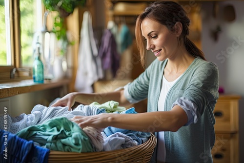 Beautiful Caucasian Woman Doing Laundry, Cleaning Clothes with Care - Washing Clothes, Chore, Casual Attire and Attractive Beauty with Basket. Generative AI