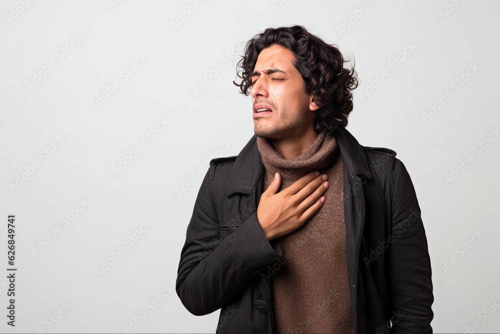 Young Brazilian Hispanic Man Coughing into His Fist. Illness and Healthcare Concept on Gray Background. Generative AI Young Brazilian Hispanic Man Coughing into His Fist. Illness and Healthcare Concept on Gray Background. Generative AI