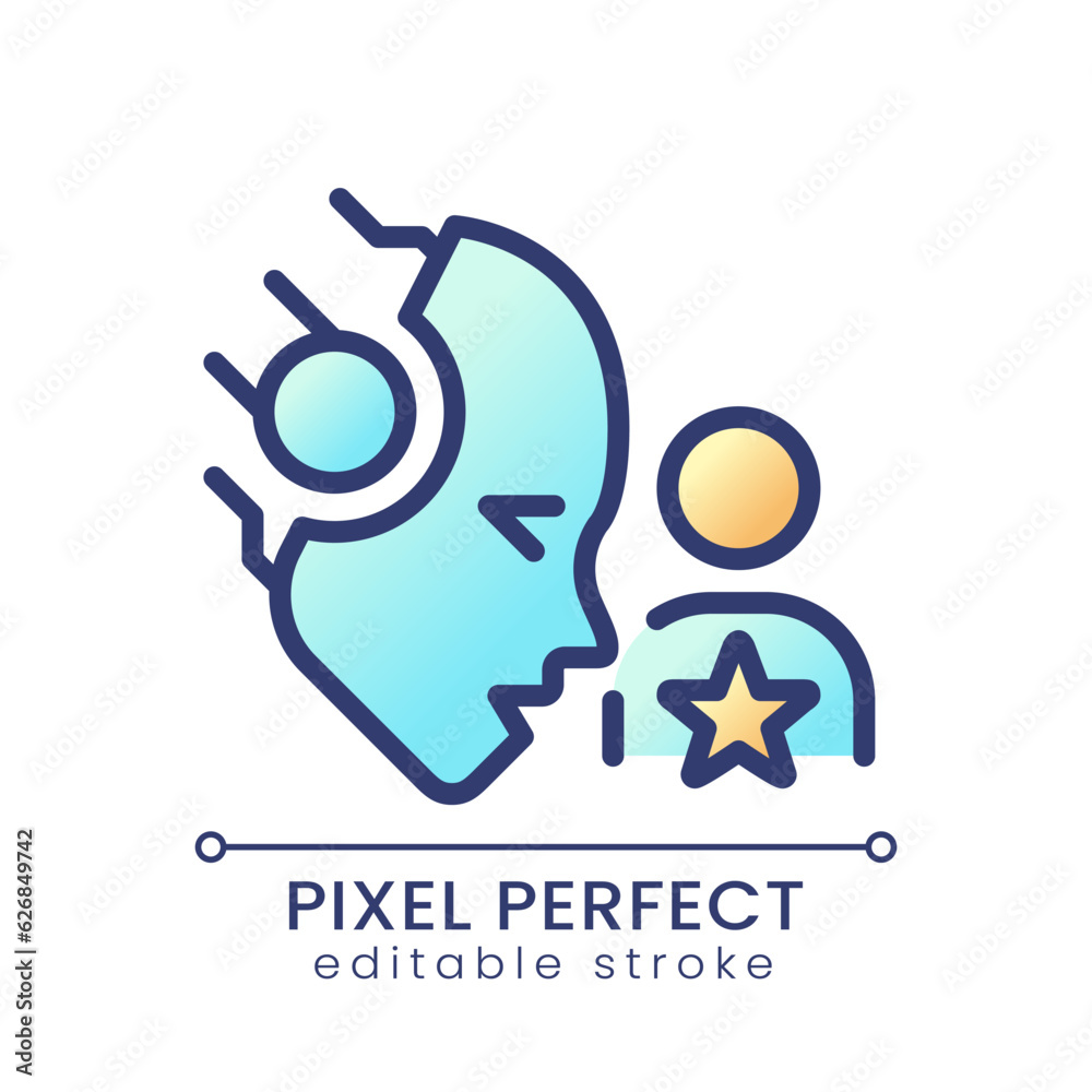 AI personalizes pixel perfect color gradient icon. Customized content. User experience improvement. Deep learning. Isolated RGB vector image. Filled line illustration. Editable stroke AI personalizes pixel perfect color gradient icon. Customized content. User experience improvement. Deep learning. Isolated RGB vector image. Filled line illustration. Editable stroke