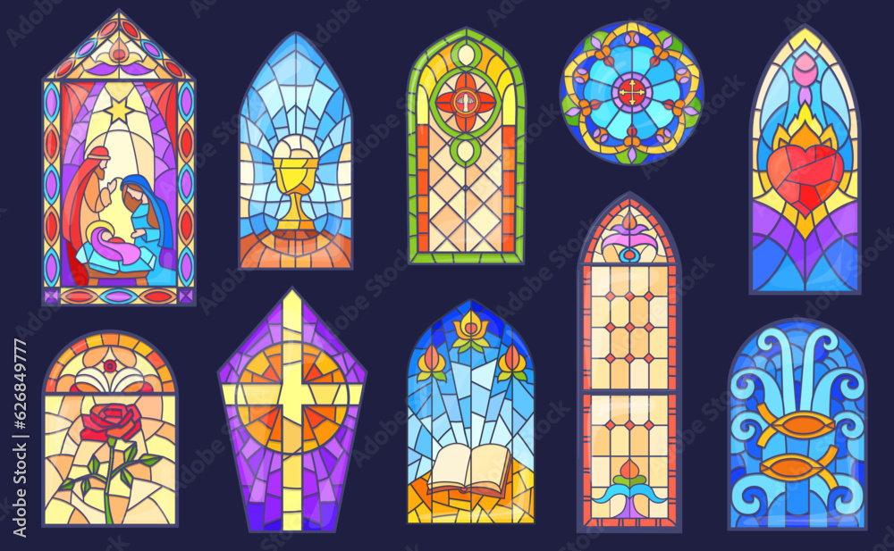 Cartoon stained glass. Beautiful stain church windows frames christian or catholic religious, coloring mosaic window with christmas gothic cathedral temple neat vector illustration