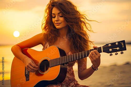 Sunset Serenade: Beautiful Young Woman Playing Acoustic Guitar on Beach as Nature Harmonizes with Music. Generative AI